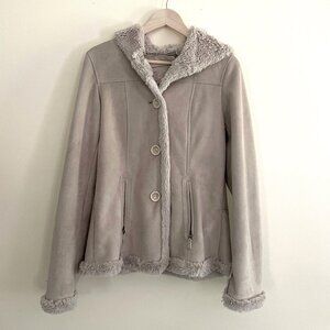 Tan Faux Suede Jones New York Size Small Jacket Fur Lined Coat with Hood